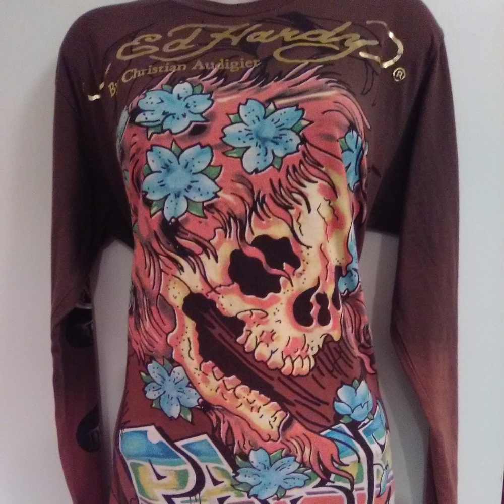 Ed Hardy Brown Long Sleeve Skull Graphics t-shirt Rare Find